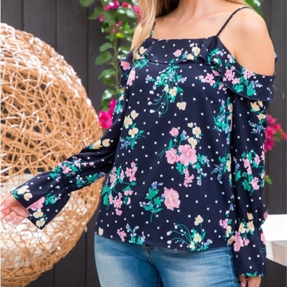 NEW COLD OFF SHOULDER POLKA DOT RUFFLE DETAIL SPAGHETTI‎ STRAP FLORAL NAVY TOP - Picture 7 of 10